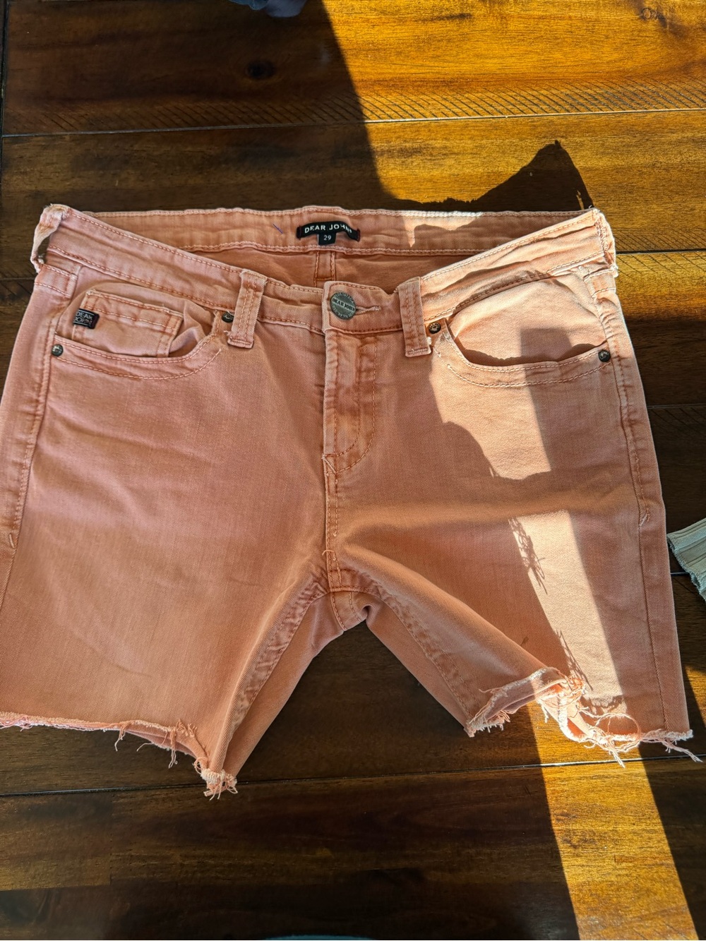 Dear John Peach Frayed Hem Denim Shorts